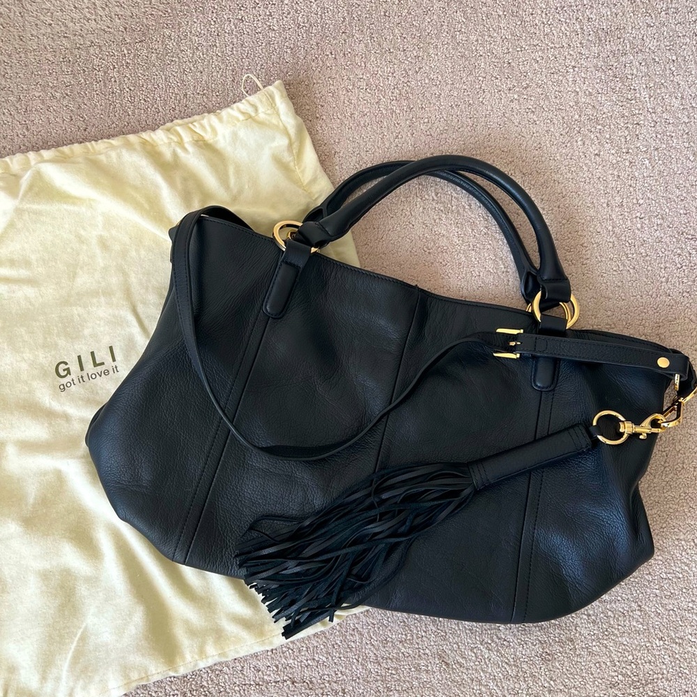 G.I.L.I. Black Pebbled Grain Leather Roma Handbag Purse Bag Fringe Gold Hardware